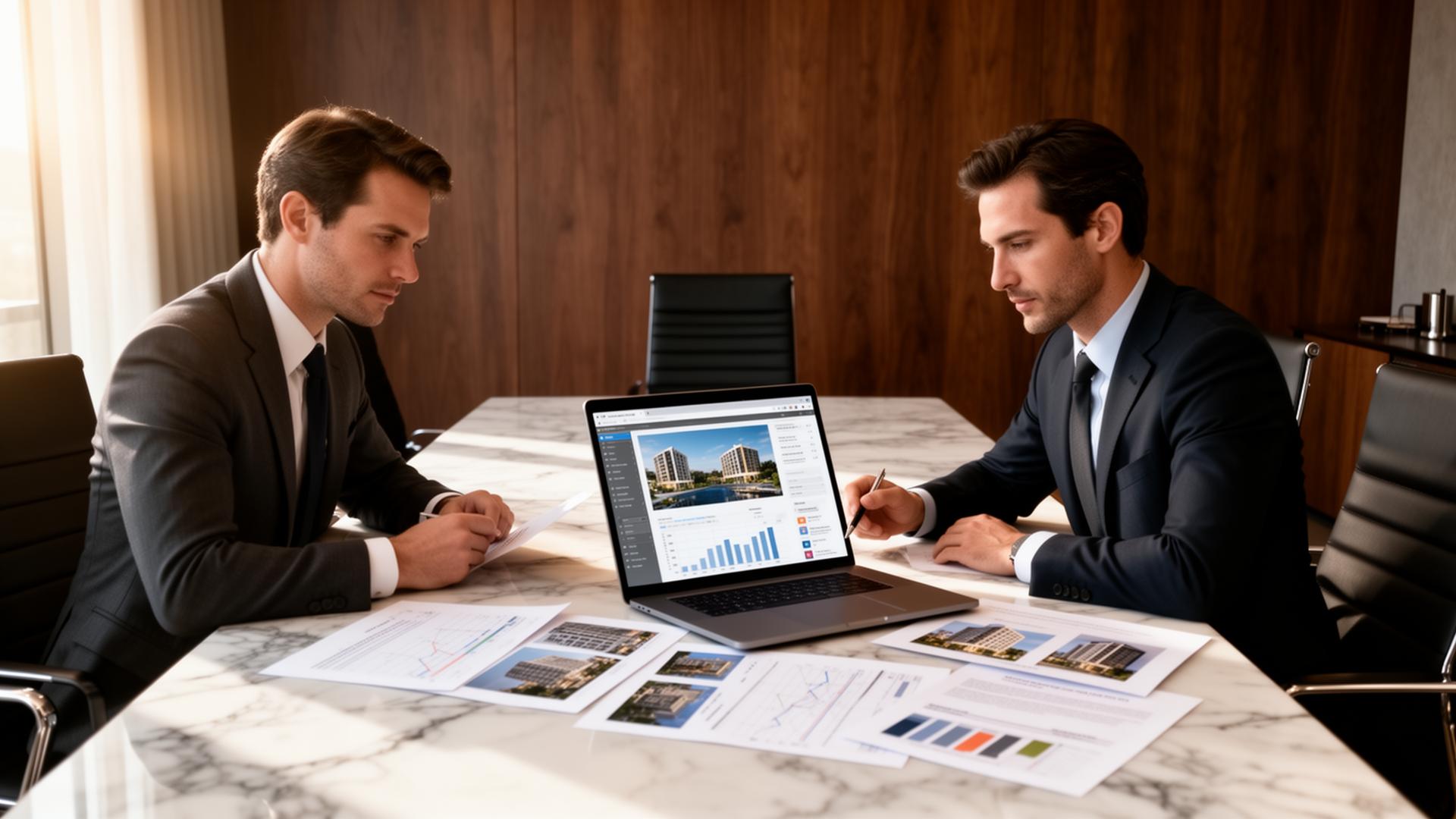 Reunião executiva analisando dados de empreendimentos imobiliários