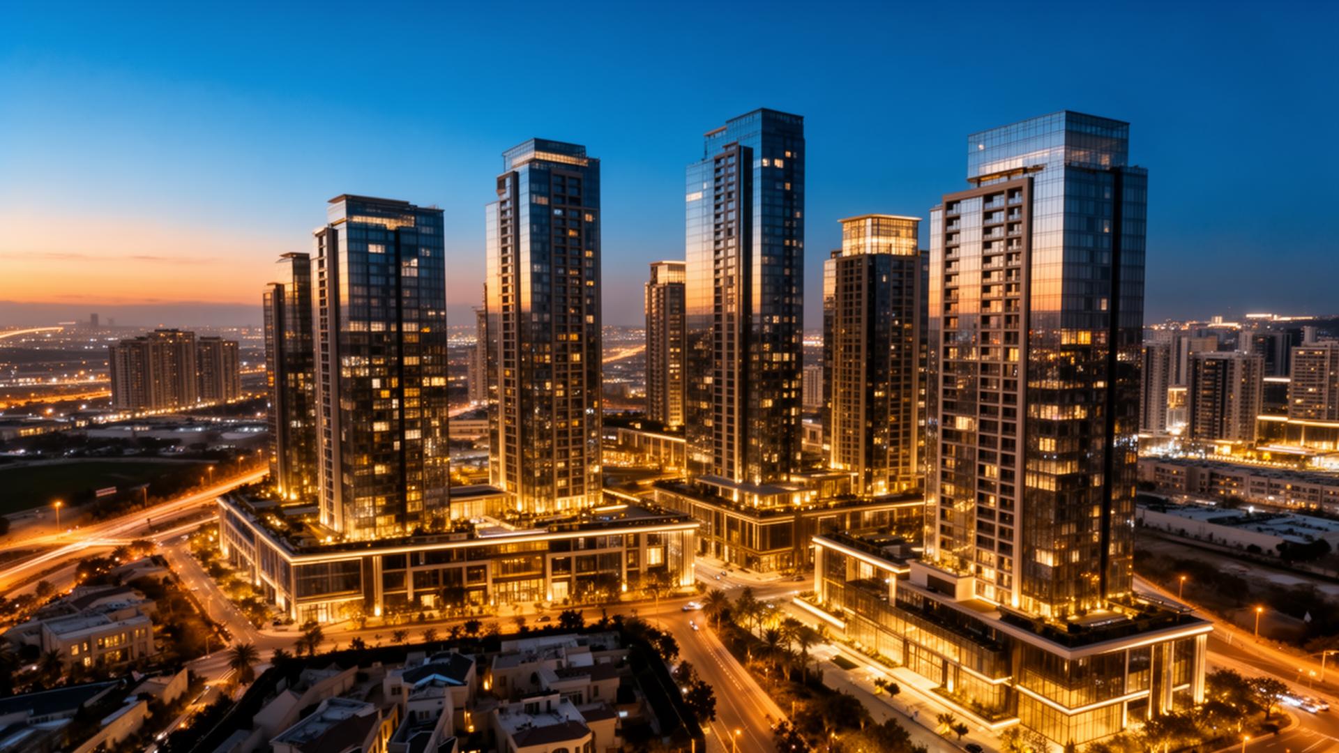 Skyline de empreendimentos imobiliários de alto padrão ao crepúsculo
